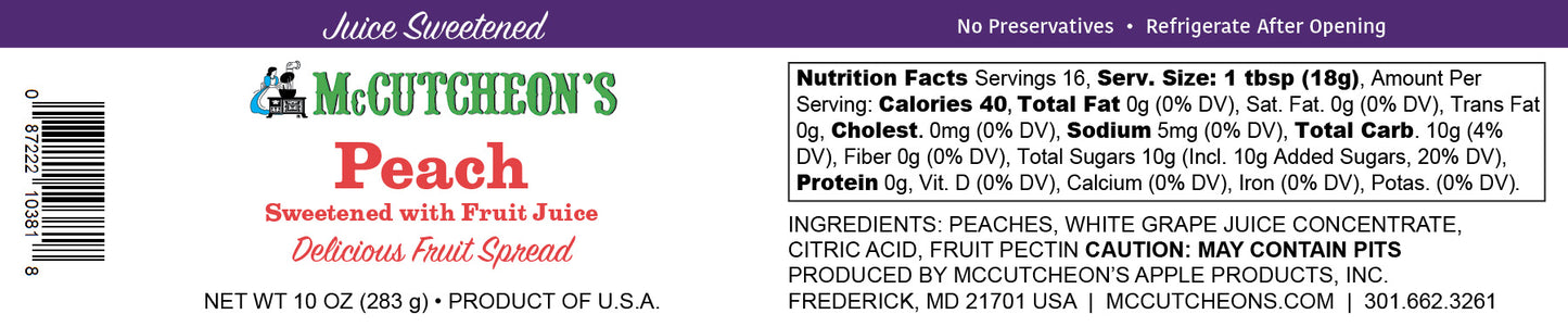 nutrition label for McCutcheon's mini juice sweetened peach preserves