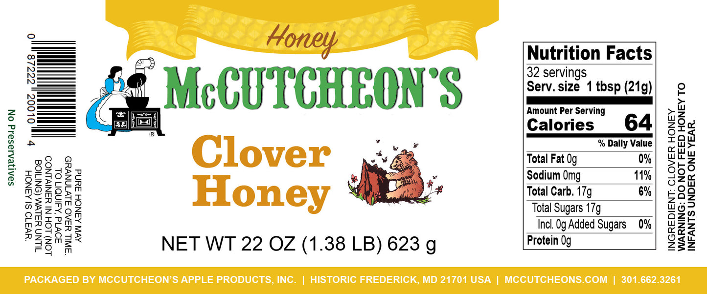 nutrition label for jar of McCutcheon's clover honey