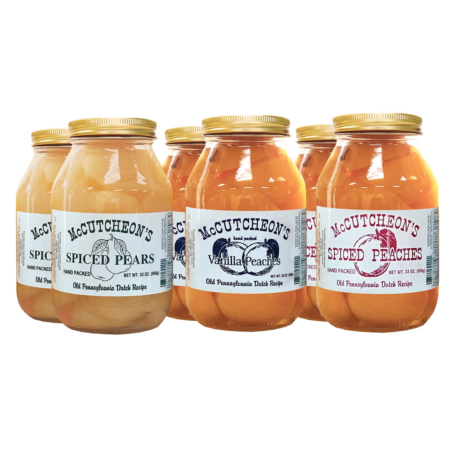 6 quart jars bundle of McCutcheon's spiced pears, vanilla peaches, and spiced peaches