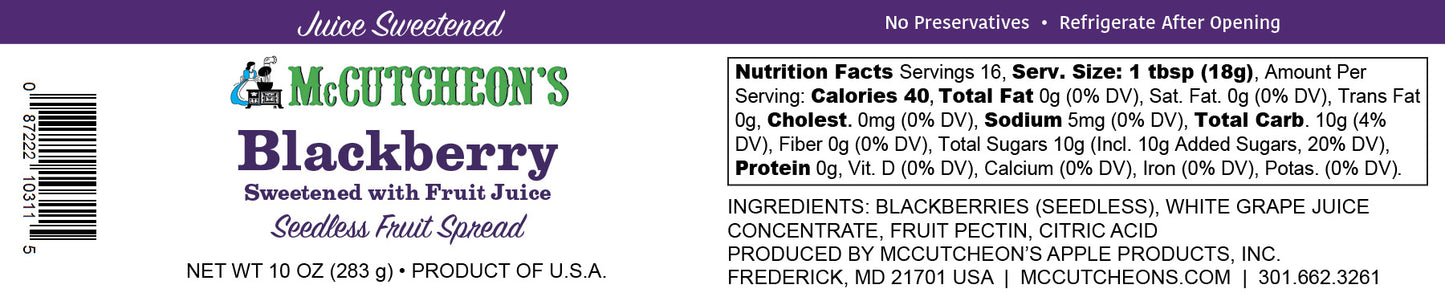 nutrition label for McCutcheon's mini juice sweetened blackberry preserves
