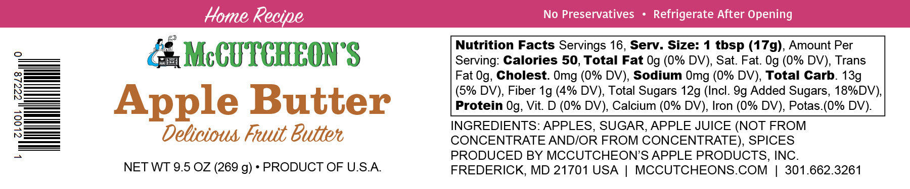 nutritional label for McCutcheon's mini apple butter