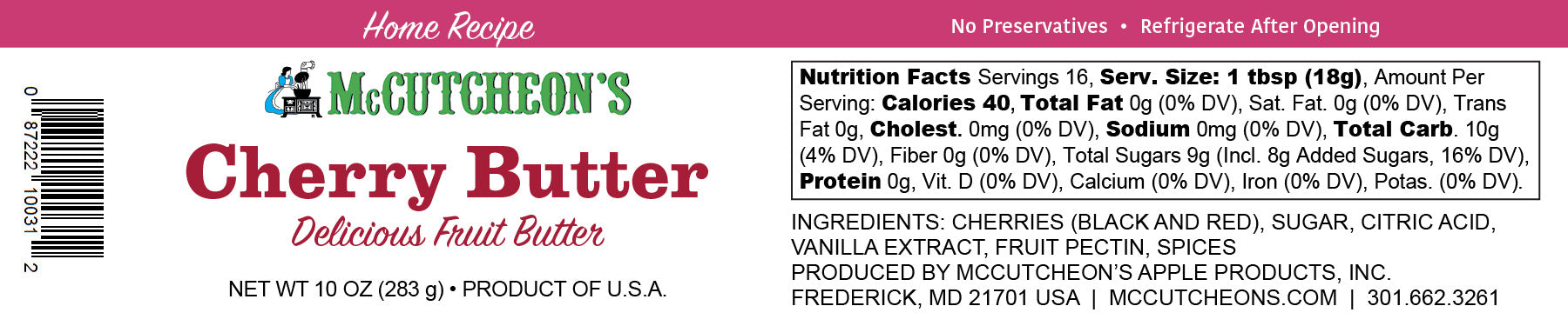 nutritional label for McCutcheon's mini Cherry Butter
