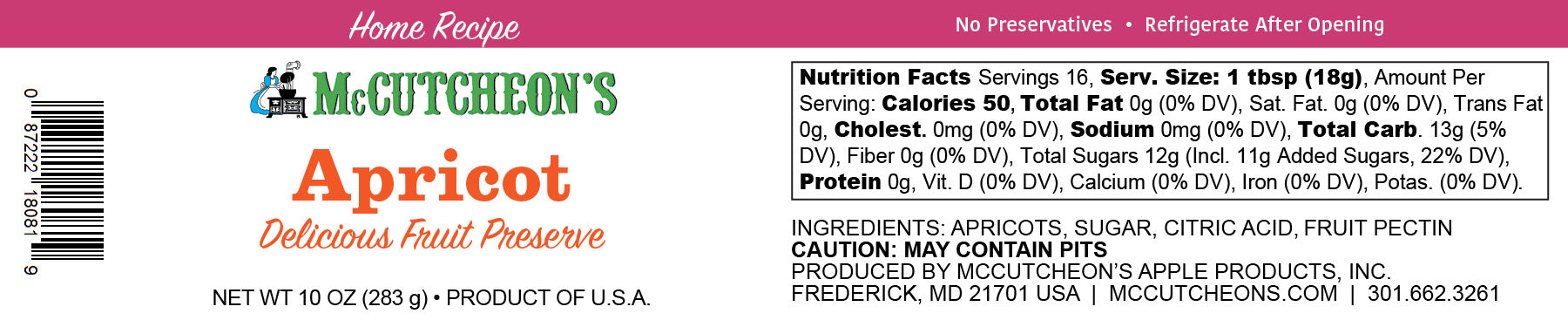 nutritional label for McCutcheon's mini Apricot Preserves