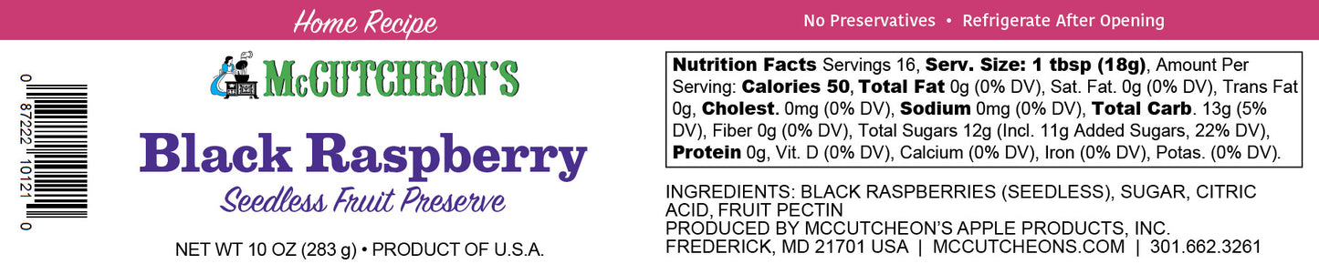 nutritional label for McCutcheon's mini Black Raspberry preserves