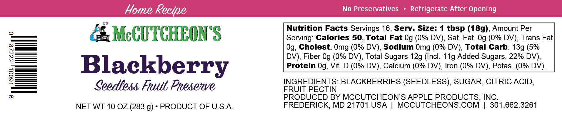 nutritional label for McCutcheon's mini blackberry preserves