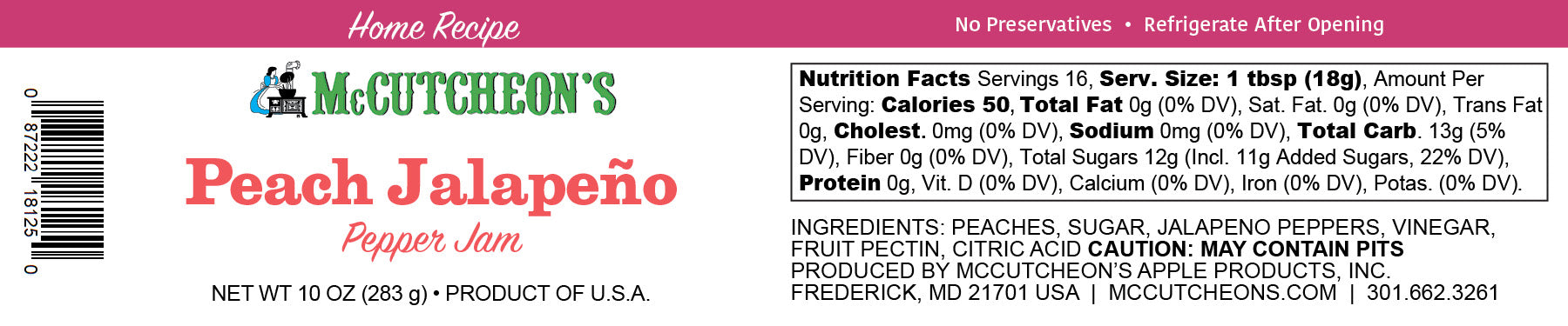 nutritional label for McCutcheon's peach jalapeño pepper jam