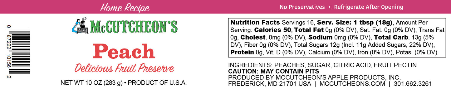 nutritional label for McCutcheon's mini peach preserves