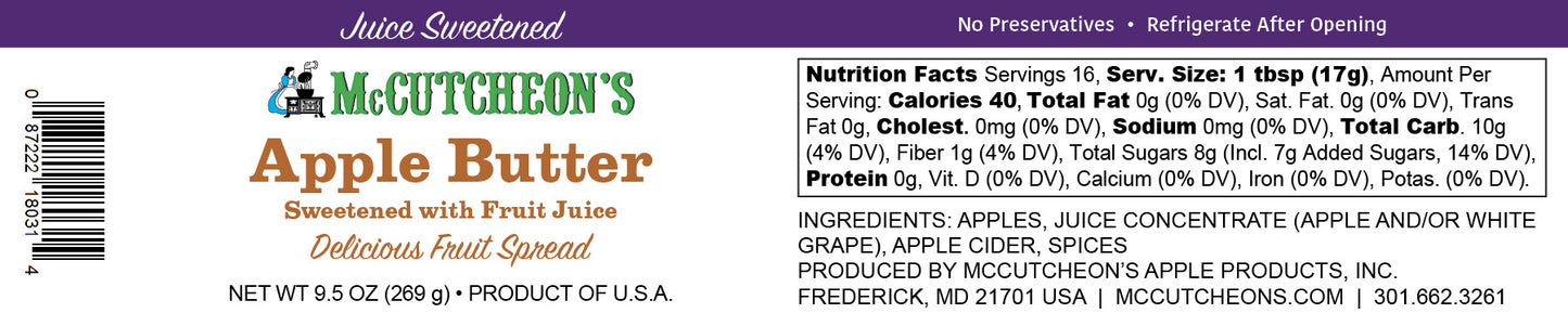 nutrition label for McCutcheon's juice sweetened mini apple butter