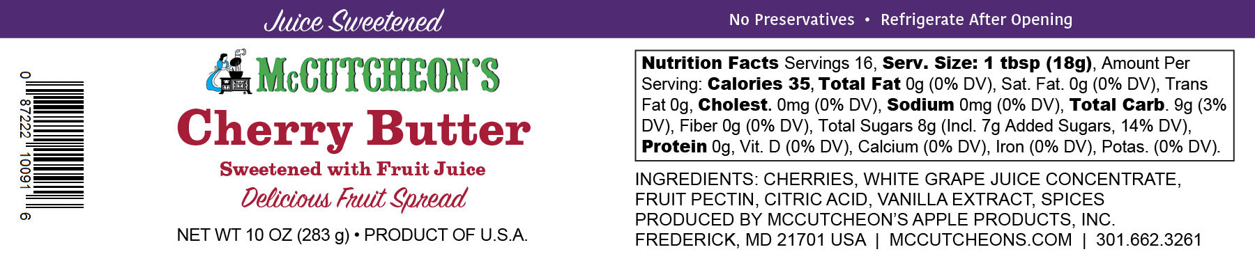 nutrition label of McCutcheon's juice sweetened cherry butter
