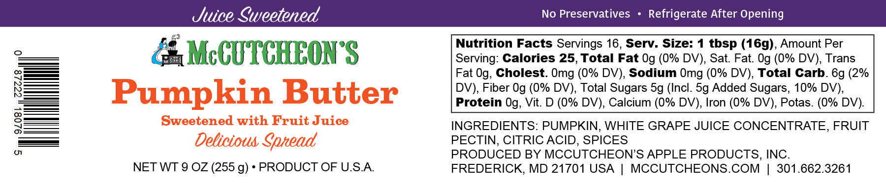 nutrition label for McCutcheon's mini juice sweetened pumpkin butter