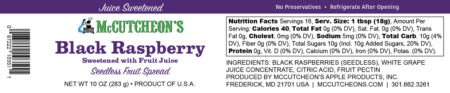 nutrition label for McCutcheon's juice sweetened black raspberry preserves