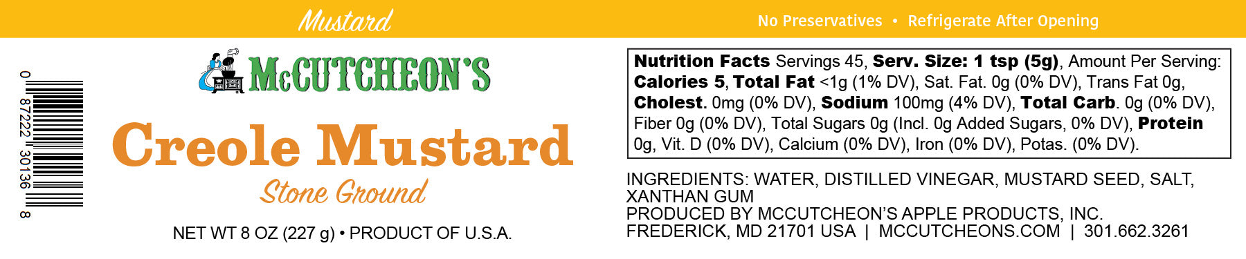 nutritional label for McCutcheon's mini stone ground creole mustard 
