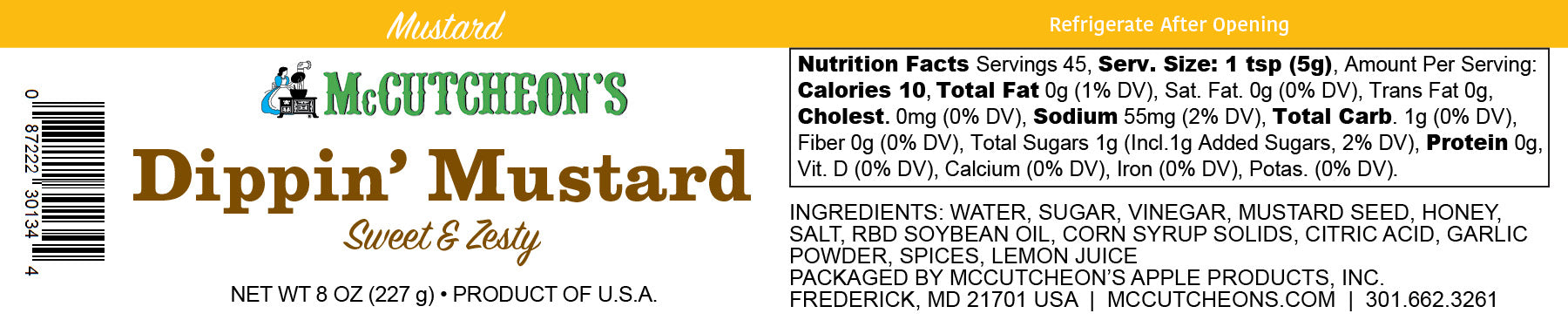 nutritional label for McCutcheon's mini dippin' mustard