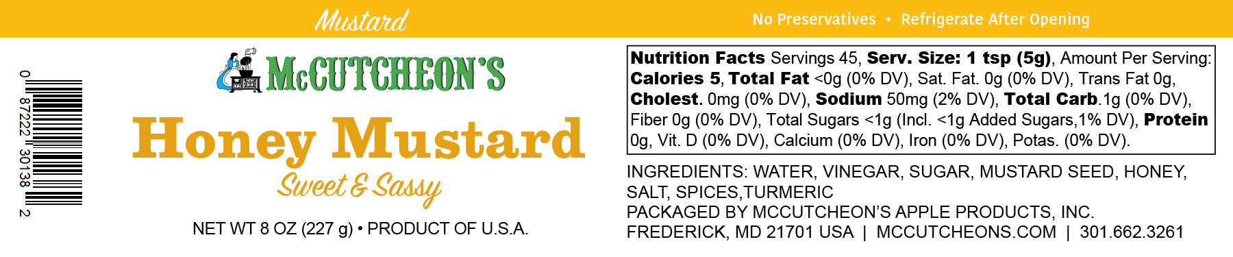 nutritional label for McCutcheon's mini honey mustard
