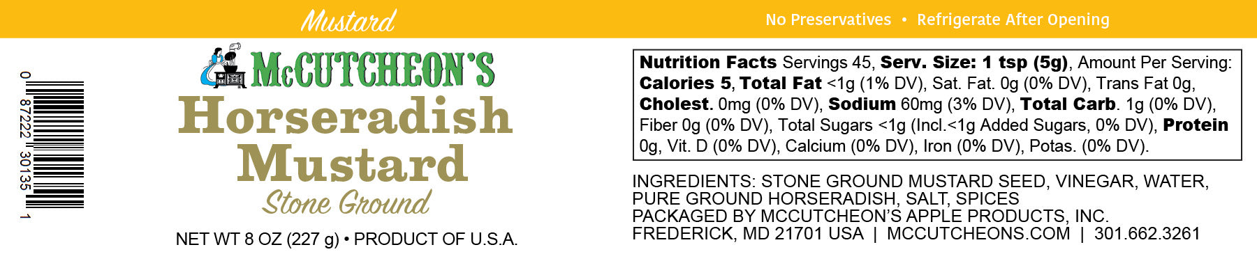 nutritional label for McCutcheon's mini stone ground horseradish mustard