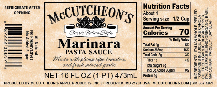 nutrition label for jar of McCutcheon's marinara pasta sauce