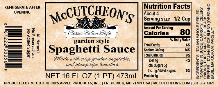nutrition label for jar of McCutcheon's spaghetti sauce