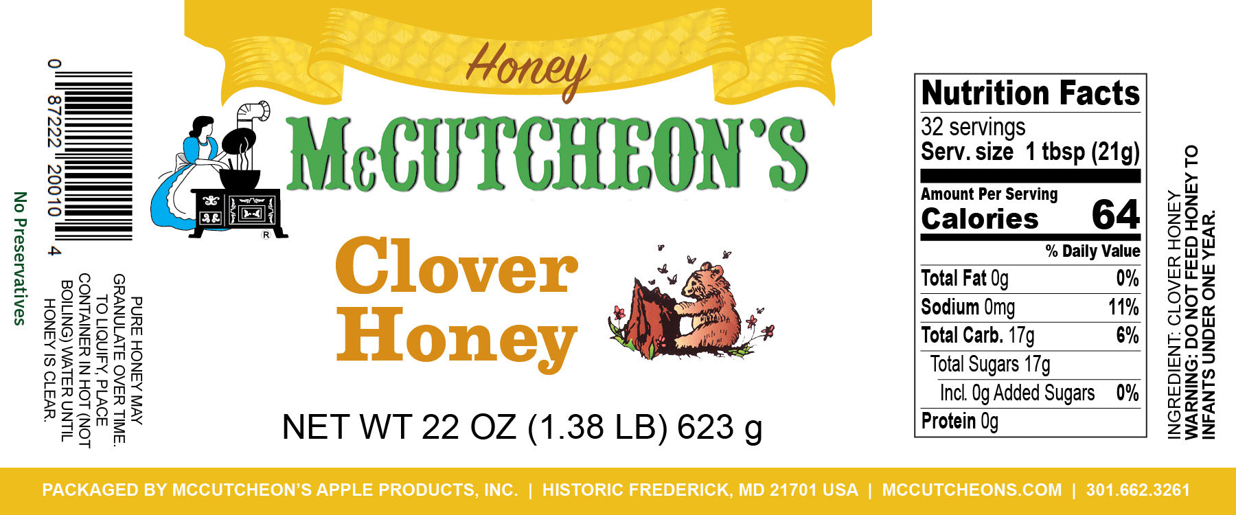 nutrition label for jar of McCutcheon's clover honey