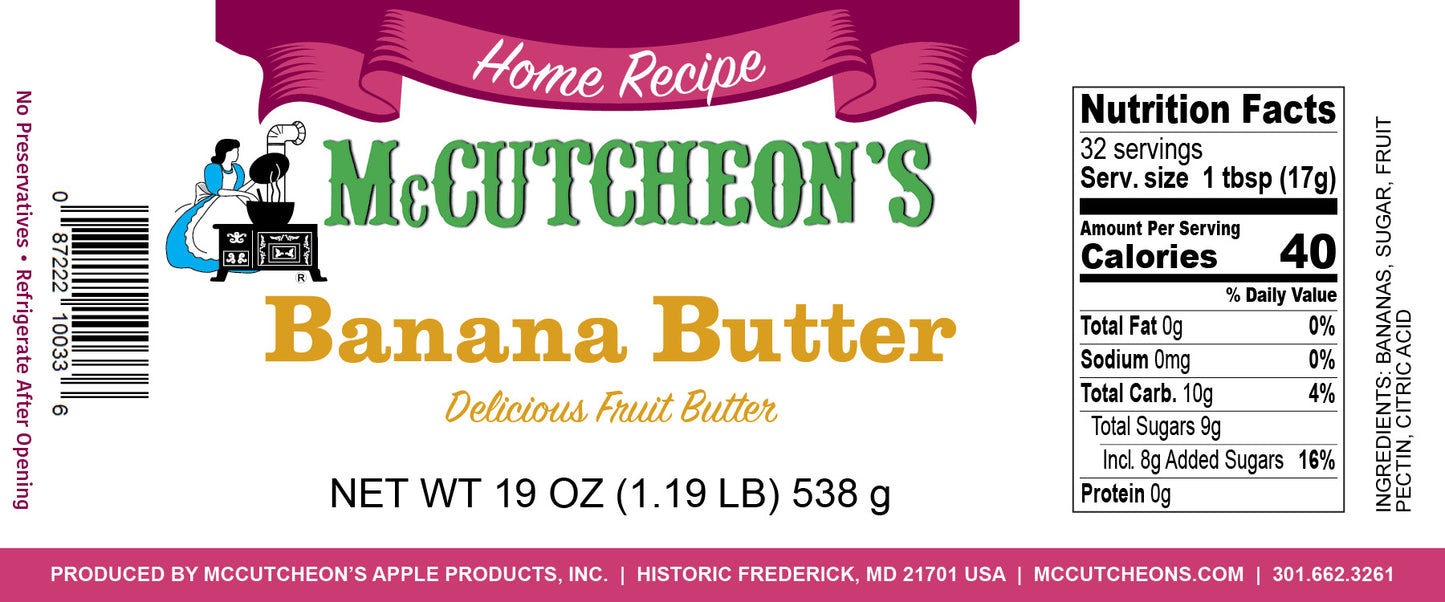 nutritional label for McCutcheon's Banana Butter