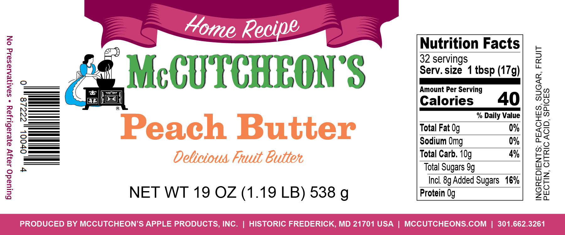 nutritional label for McCutcheon's Peach Butter