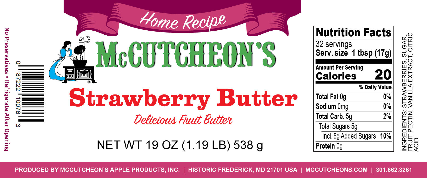 nutritional label for McCutcheon's Strawberry Butter