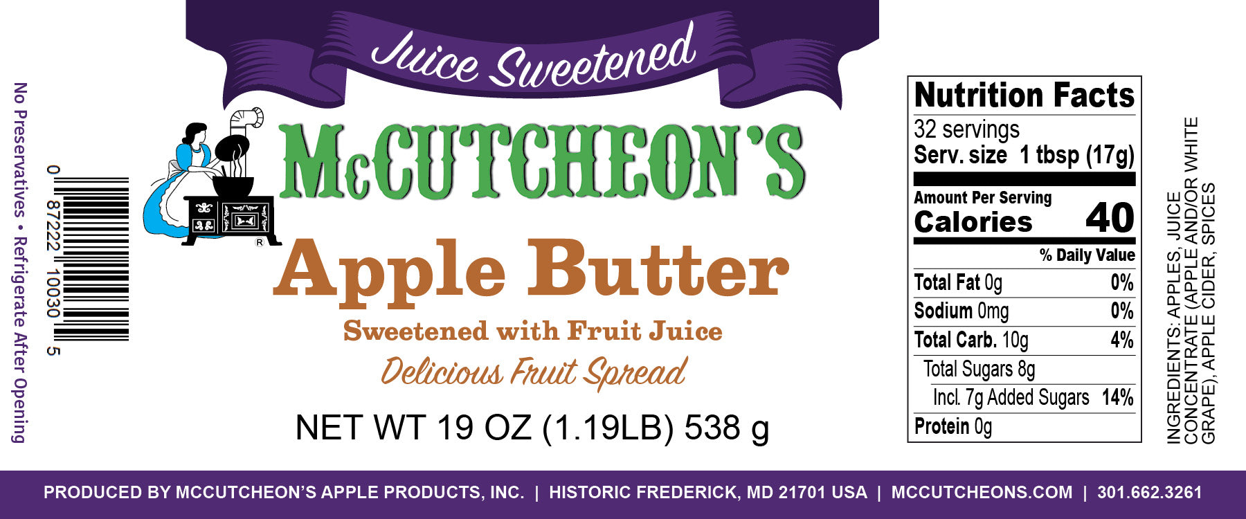 McCutcheon's 19 oz Juice Sweetened Apple Butter McCutcheon's 19 oz Juice Sweetened Apple Butter