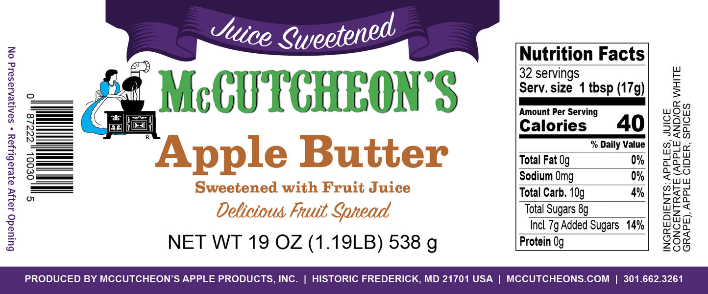 nutrition label of McCutcheon's juice sweetened apple butter