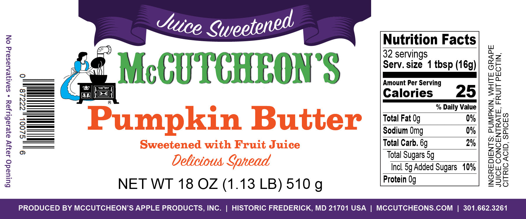 nutrition label of McCutcheon's juice sweetened pumpkin butter