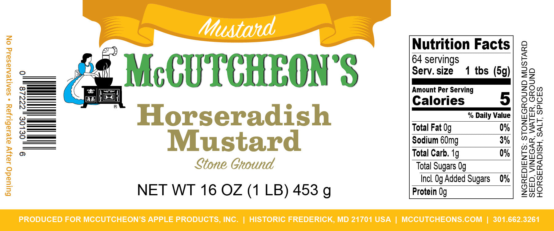 nutrition label for McCutcheon's stone ground horseradish mustard