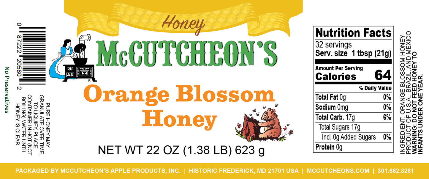 nutrition label for jar of McCutcheon's orange blossom honey