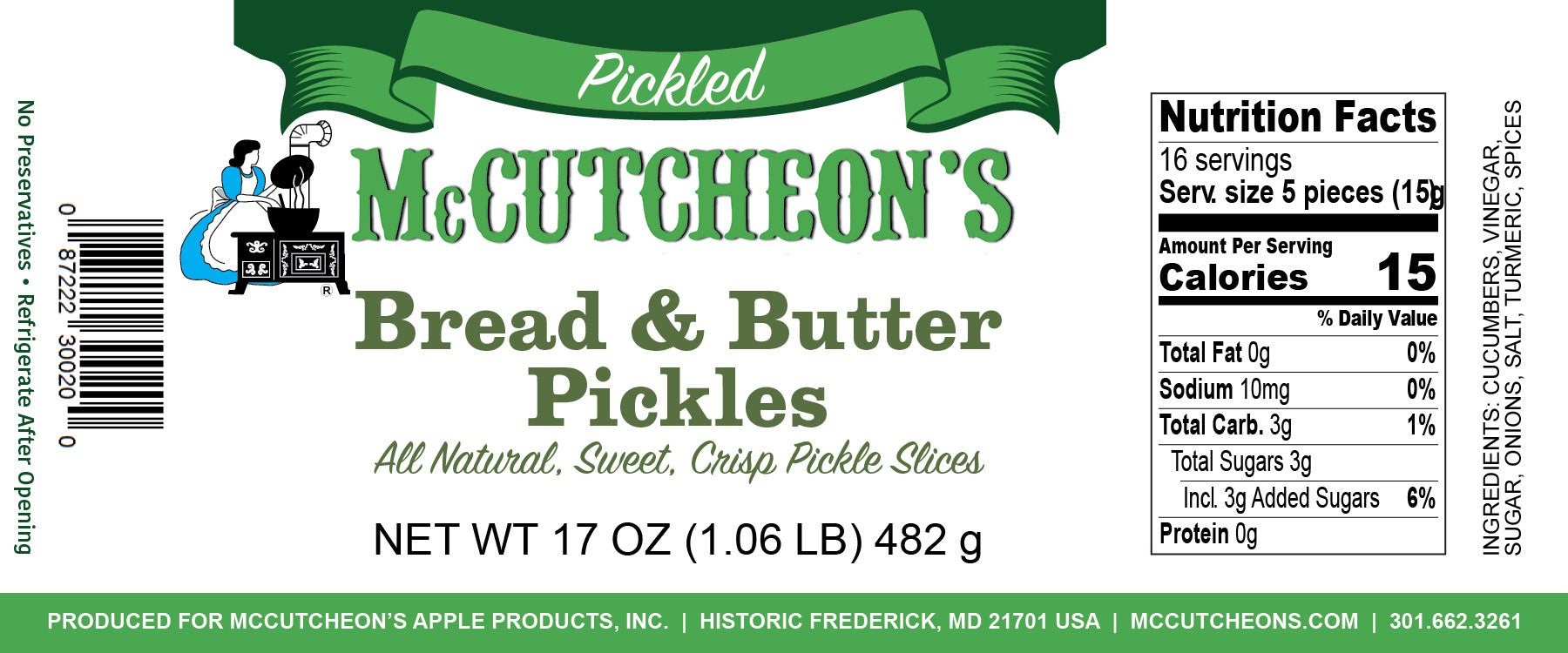 nutrition label for McCutcheon's bread & butter pickles
