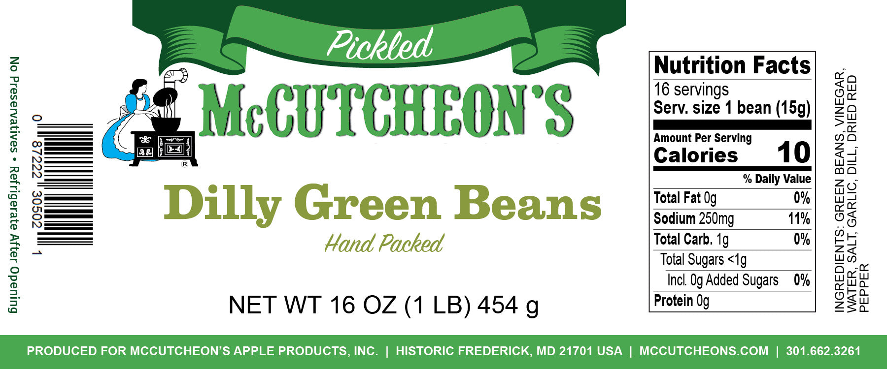 nutrition label for McCutcheon's dilly green beans