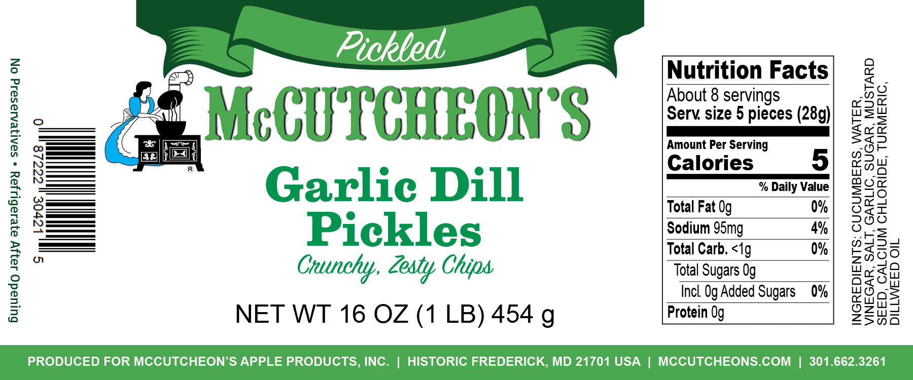 nutrition label for McCutcheon's garlic dill pickles