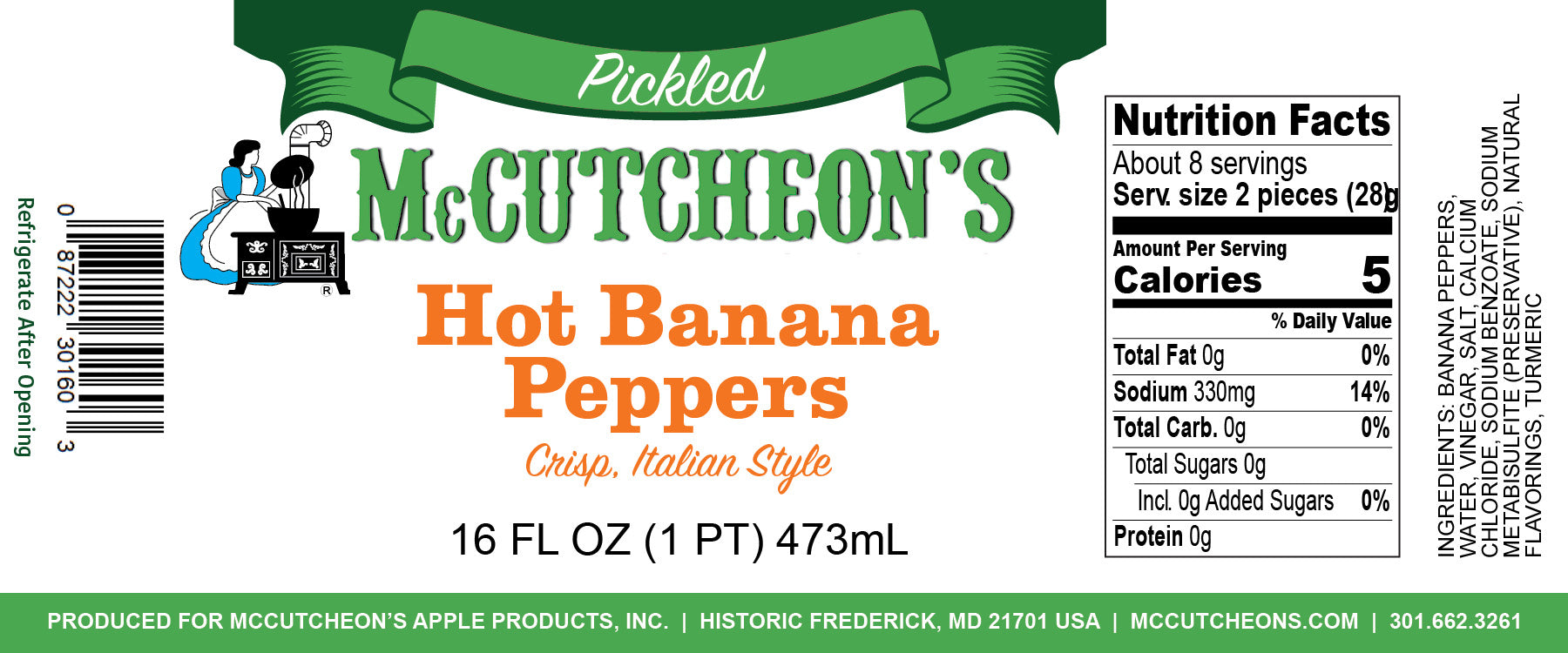 nutrition label for McCutcheon's hot banana peppers