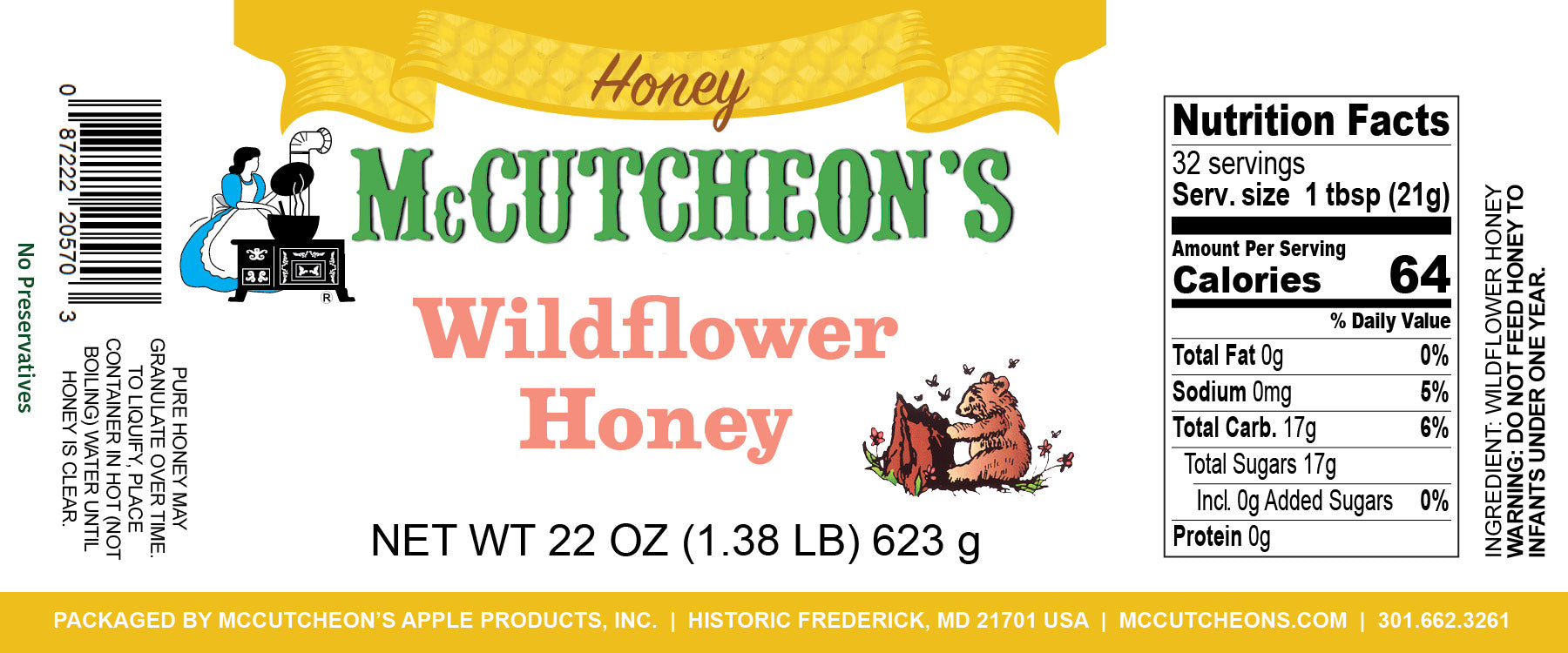 nutrition label for jar of McCutcheon's wildflower honey