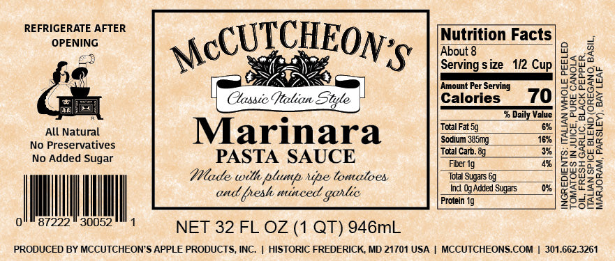 nutrition label for a quart jar of McCutcheon's marinara pasta sauce