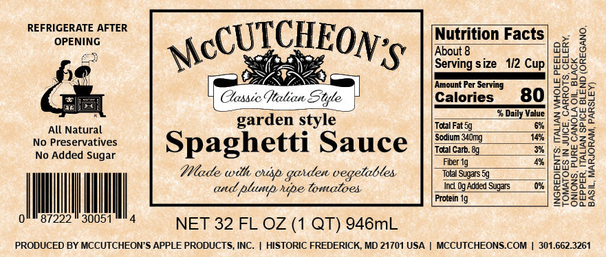 nutrition label for a quart of McCutcheon's spaghetti sauce