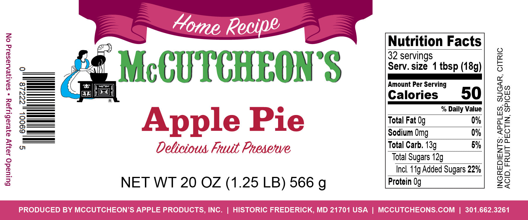 nutritional label for McCutcheon's Apple Pie fruit preserves