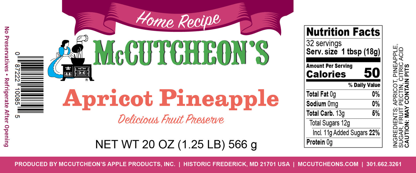 nutritional label for McCutcheon's Apricot-Pineapple preserves