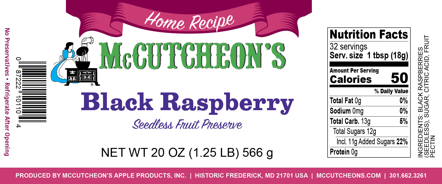 nutritional label for McCutcheon's Black Raspberry preserves