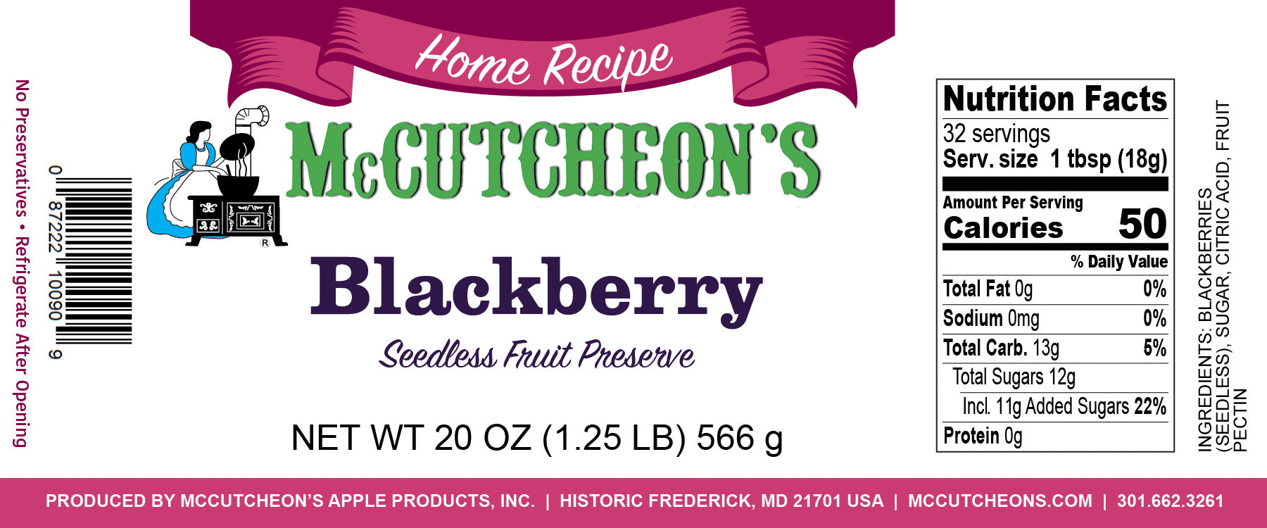 nutritional label for McCutcheon's Blackberry preserves