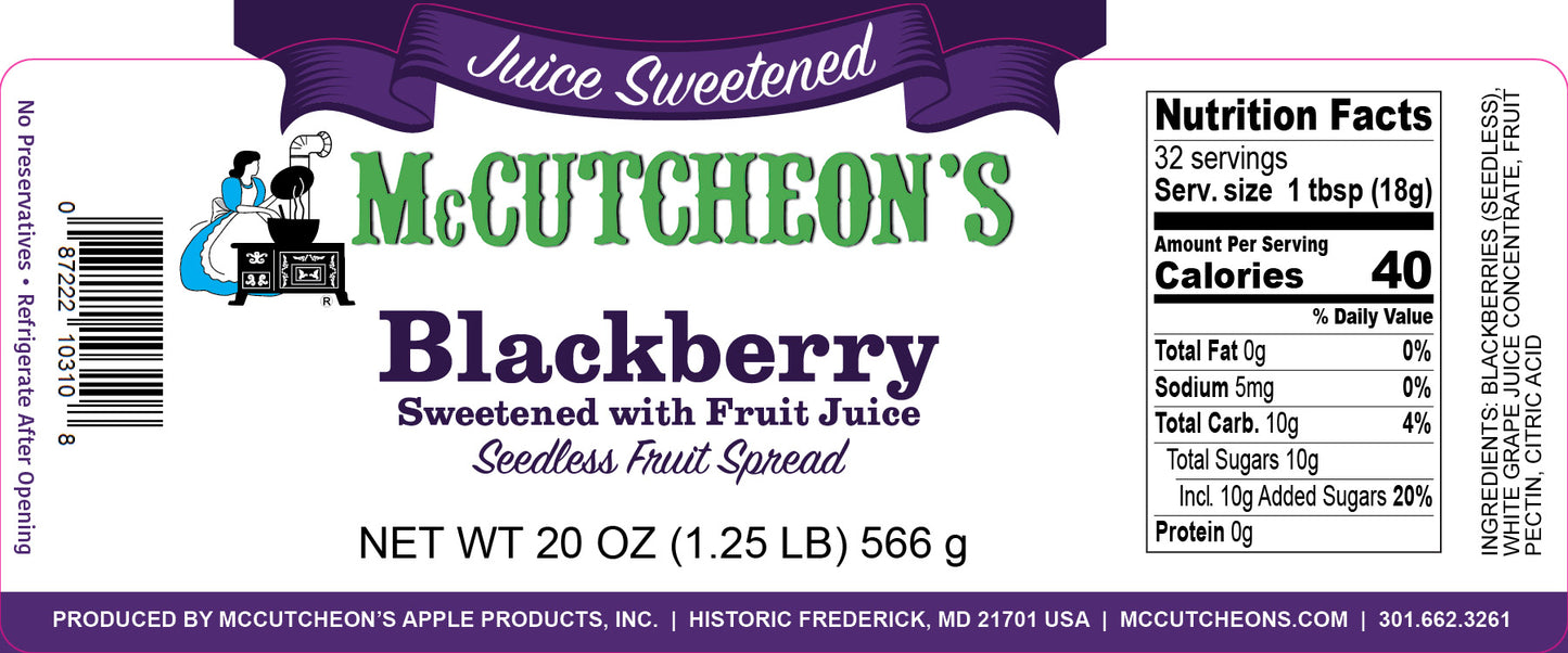 nutrition label of McCutcheon's juice sweetened blackberry preserves