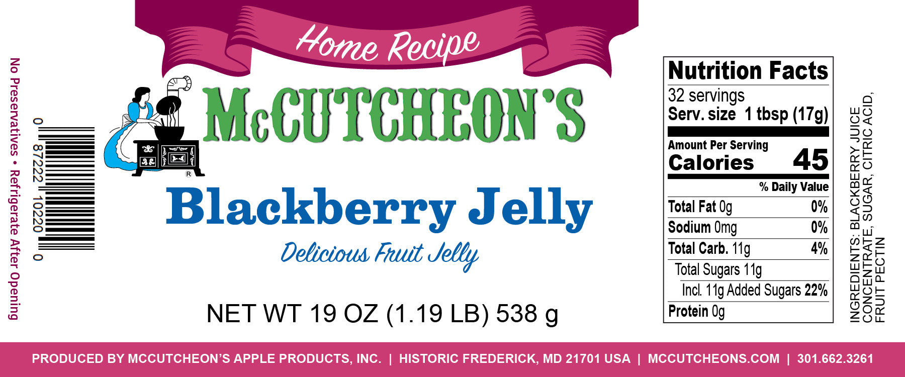 nutrition label for McCutcheon's blackberry jelly