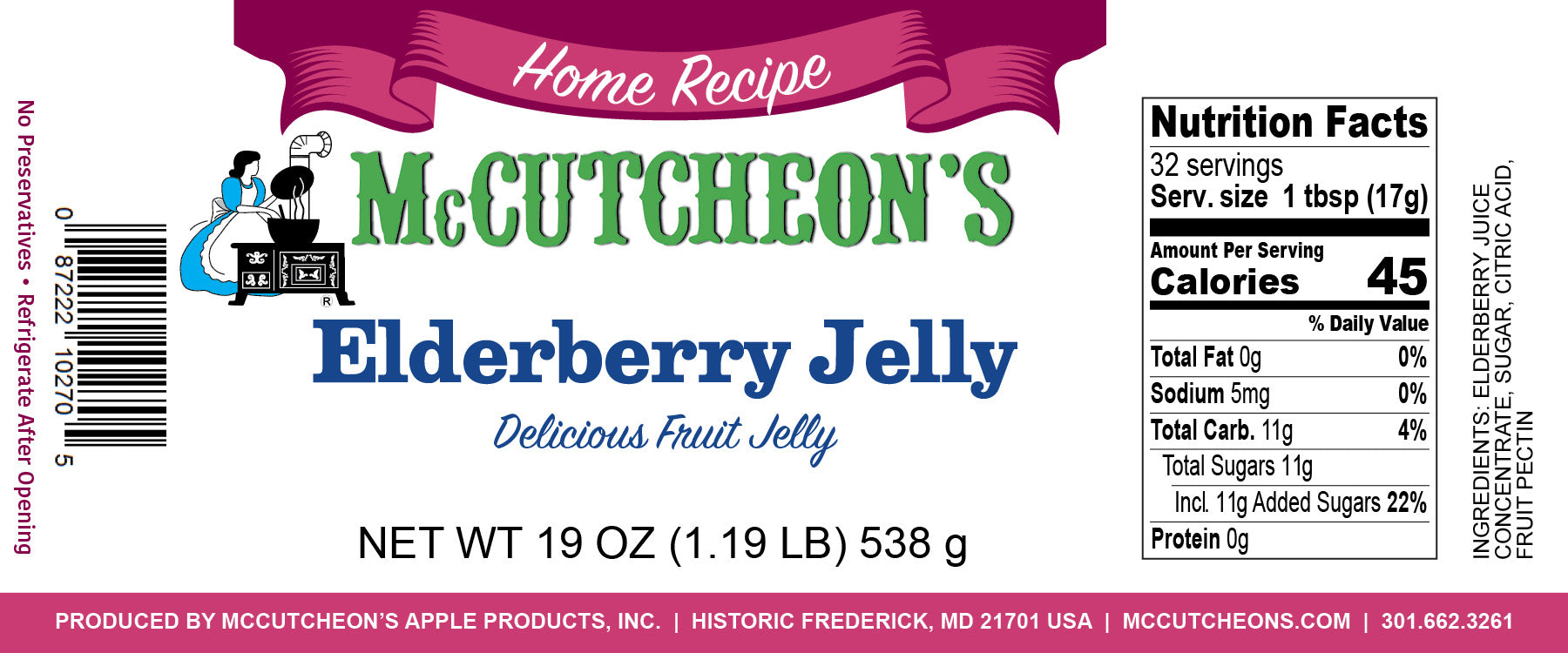 nutrition label for McCutcheon's elderberry jelly
