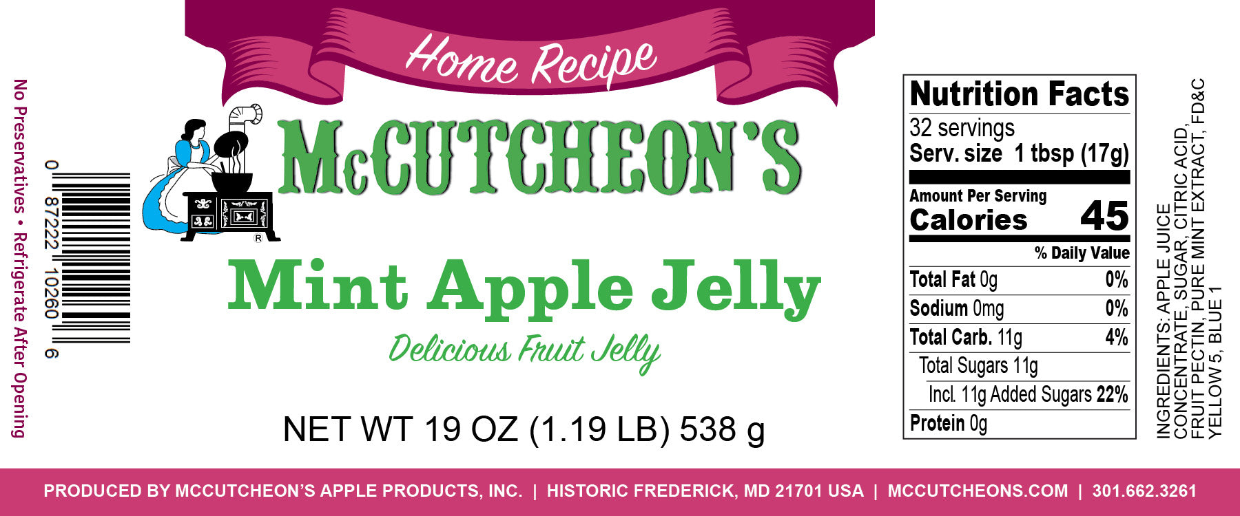 nutrition label for McCutcheon's mint apple jelly
