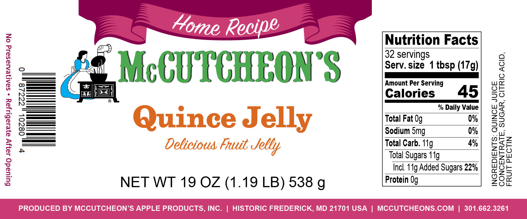 nutrition label for McCutcheon's quince jelly