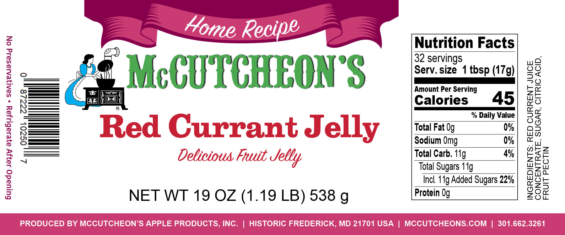 nutrition label for McCutcheon's red currant jelly