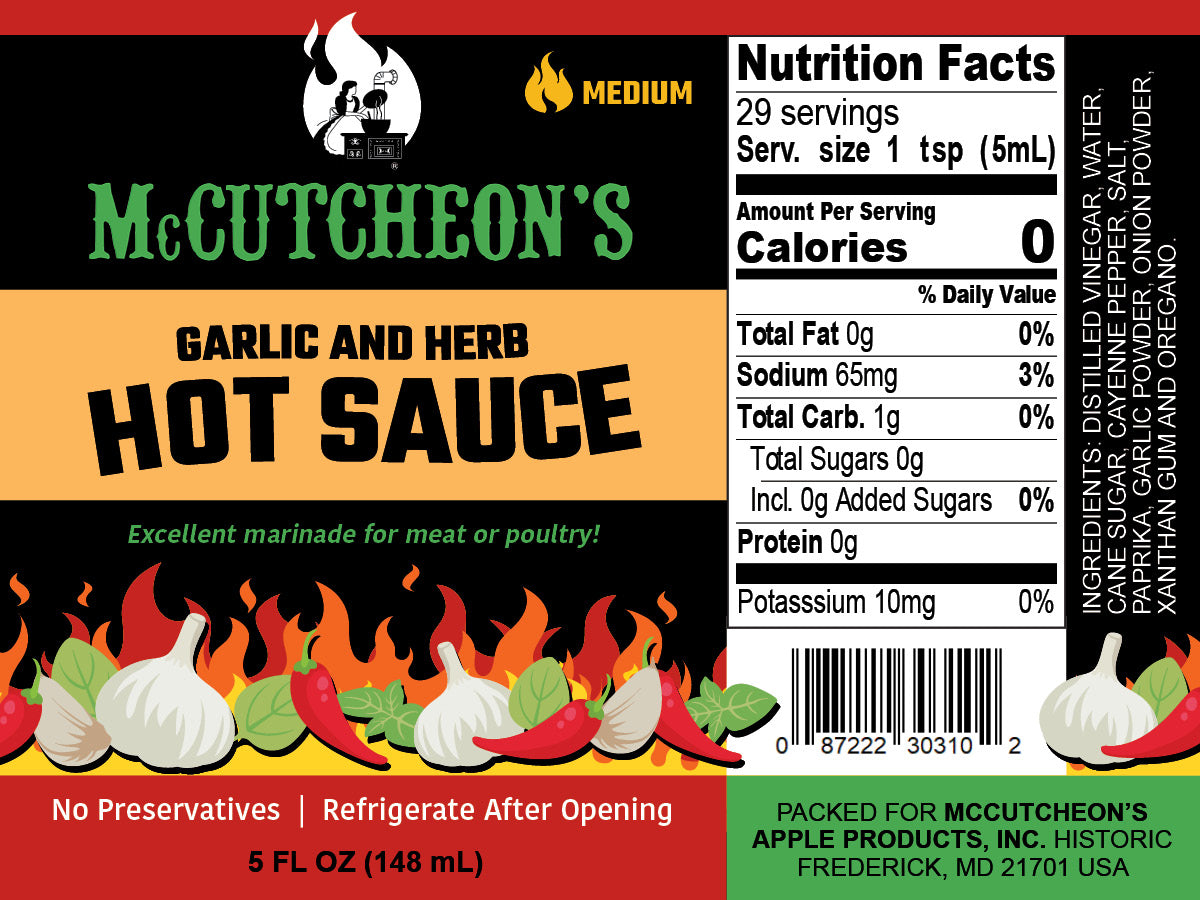 nutrition label for McCutcheon's garlic and herb hot sauce
