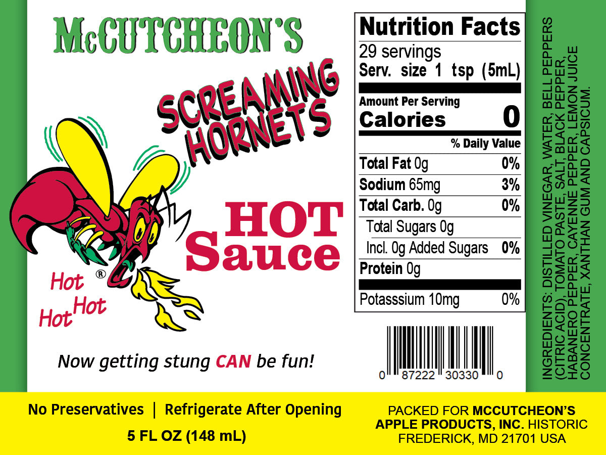 nutrition label for McCutcheon's screaming hornets hot sauce