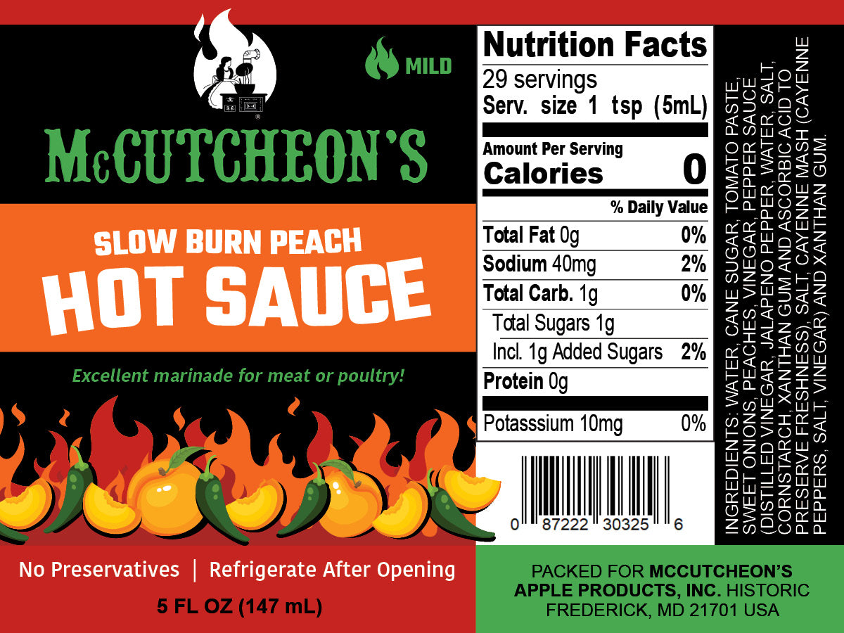 nutrition label for McCutcheon's slow burn peach hot sauce